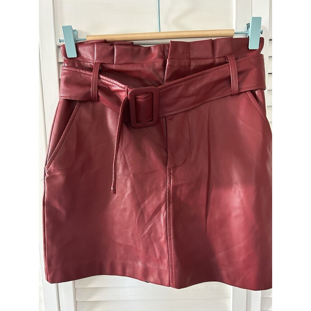 Deep Red Mini Belted Skirt In Leather Look Fabric By TRF Zara Sz XS